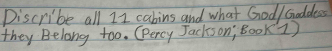 Discribe all 11 cabins and what God/Goddess 
they Belong too. (ercy Jacks on; Book1)