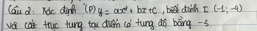 Cau d: xc dinn (p)y=ax^2+bx+c , biet dinn I(-1,-4)
va cat truc tung tai dién cǒ tung dó bàng -3.