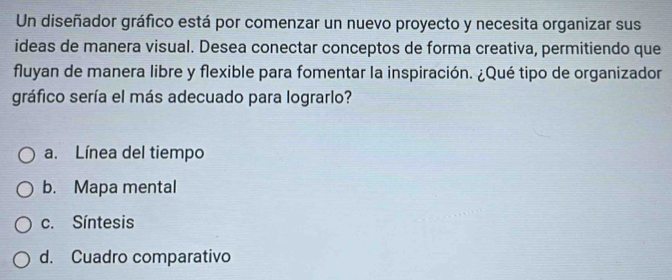 Un diseñador gráfico está por comenzar un nuevo proyecto y necesita organizar sus
ideas de manera visual. Desea conectar conceptos de forma creativa, permitiendo que
fluyan de manera libre y flexible para fomentar la inspiración. ¿Qué tipo de organizador
gráfico sería el más adecuado para lograrlo?
a. Línea del tiempo
b. Mapa mental
c. Síntesis
d. Cuadro comparativo