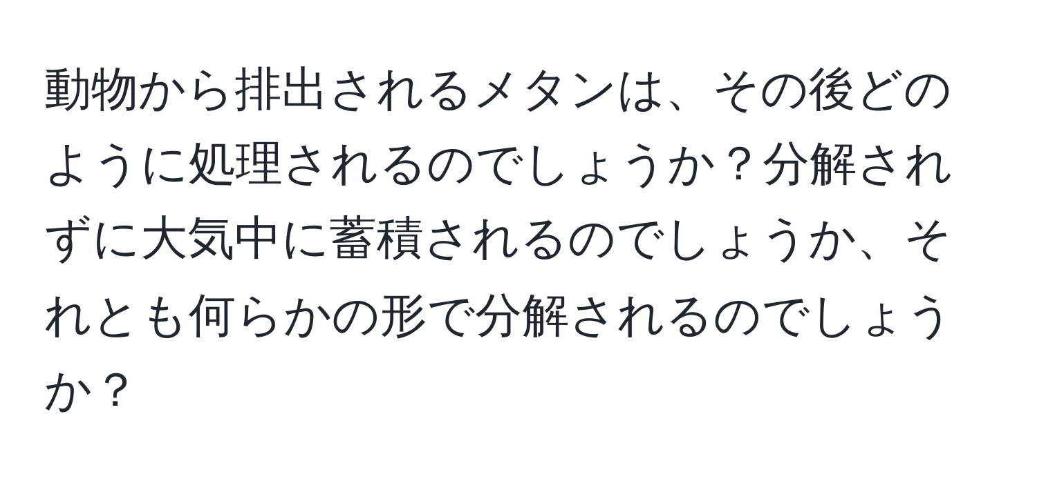 動物から排出されるメタンは、その後どのように処理されるのでしょうか？分解されずに大気中に蓄積されるのでしょうか、それとも何らかの形で分解されるのでしょうか？