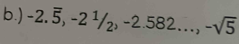 ) -2.overline 5, -2^1/_2, -2.582..., -sqrt(5)