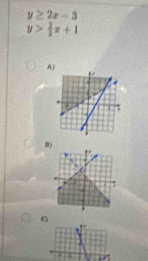 y≥ 2x-3
y> 2/3 x+1
4)
B