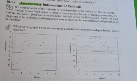 s, office hours, cafes, or at the CLC!
10.3.4 Assumption 4: Independence of Residuals 
We want the value of the residuals to be independent of the value of x. We can use the 
residual versus fitted values to observe independence. Instead of fanning about zero, we 
look for any pattern (such as curvature) in the residuals versus the fitted values. Again, we want 
be satisfied. the points to be randomly distributed about zero in order for the assumption of independence to 
Which of the graphs below demsatisfied assumption of independence? Which