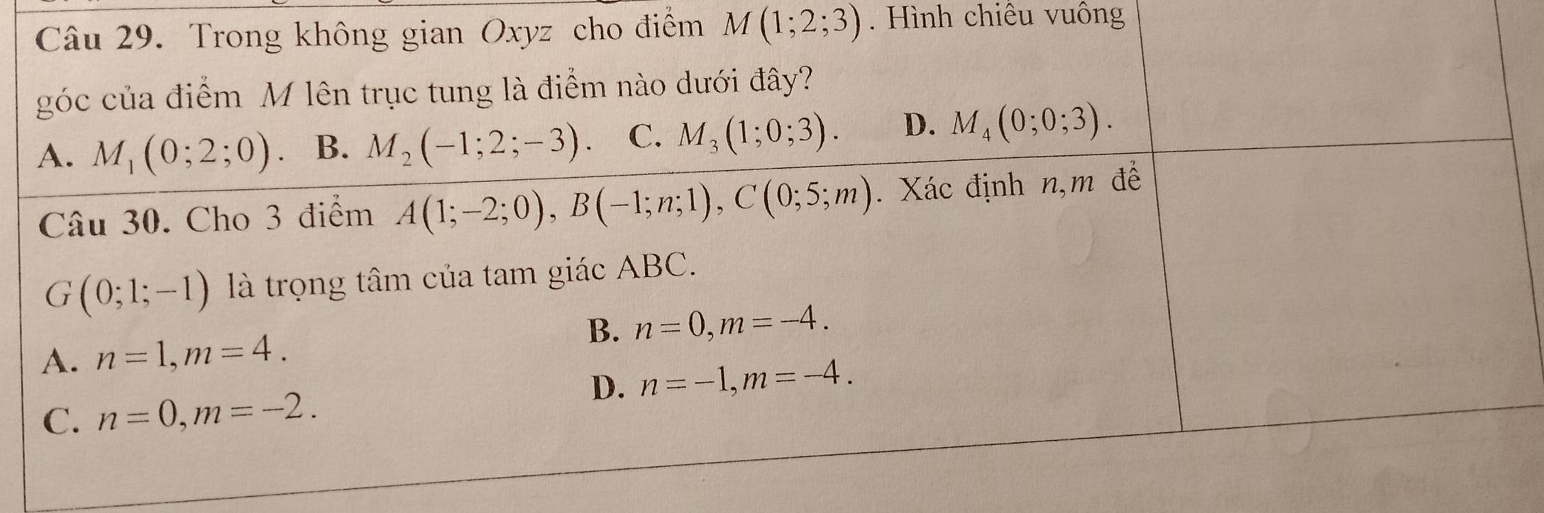 Trong không gian Oxyz cho điểm M(1;2;3). Hình chiêu vuông
góc của điểm M lên trục tung là điểm nào dưới đây?
A. M_1(0;2;0). B. M_2(-1;2;-3). C. M_3(1;0;3). D. M_4(0;0;3). 
Câu 30. Cho 3 điểm A(1;-2;0), B(-1;n;1), C(0;5;m). Xác định n, m để
G(0;1;-1) là trọng tâm của tam giác ABC.
A. n=1, m=4. B. n=0, m=-4.
D. n=-1, m=-4.
C. n=0, m=-2.