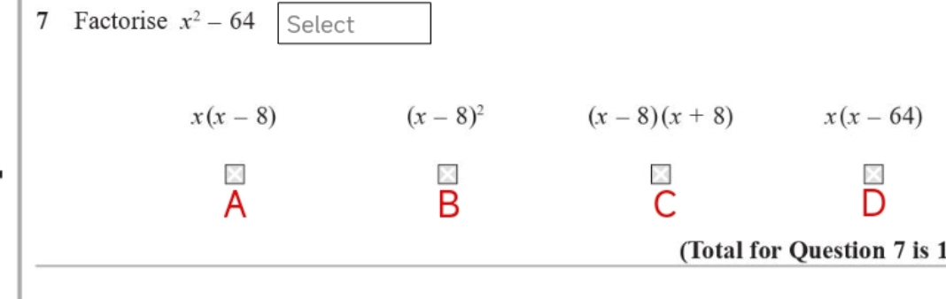 Factorise x^2-64 Select
1