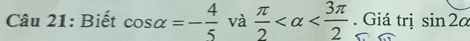 circ  
Câu 21: Biết cos alpha =- 4/5  □  và ^  π /2  . Giá trị sin 2alpha°