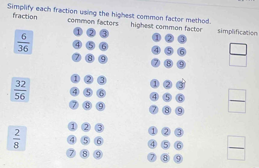 Simplify each fraction using the highest common factor method. 
fraction common factors highest common factor simplification
 6/36 
1 ② 3 1 2 3
4 5 6
4 5 6
7 8 9 7 8 9
 32/56 
①②③ 
1 ② 3
4 ⑤ 6
4 5 6 frac 
7 8 9
7 8 9
① ② ③ ①②③
 2/8  ④ ⑤ 6
④⑤ 6
7 8 9 ⑦⑧ 9