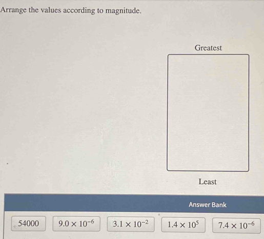 Arrange the values according to magnitude.
Answer Bank
54000 9.0* 10^(-6) 3.1* 10^(-2) 1.4* 10^5 7.4* 10^(-6)