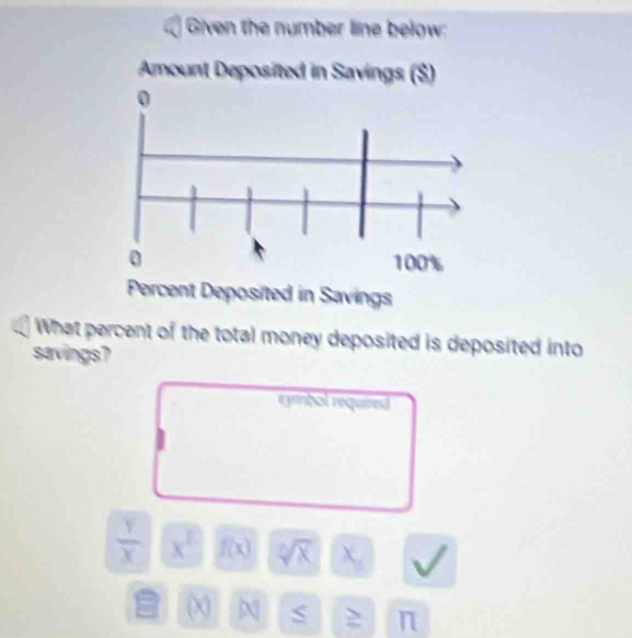 Given the number line below: 
Amount Deposited in Savings ($)
0
0 100%
Percent Deposited in Savings 
What percent of the total money deposited is deposited into 
savings? 
sybol required
 Y/X  x^2 f(x) sqrt[3](x) χ
5 (X) N ≥ π