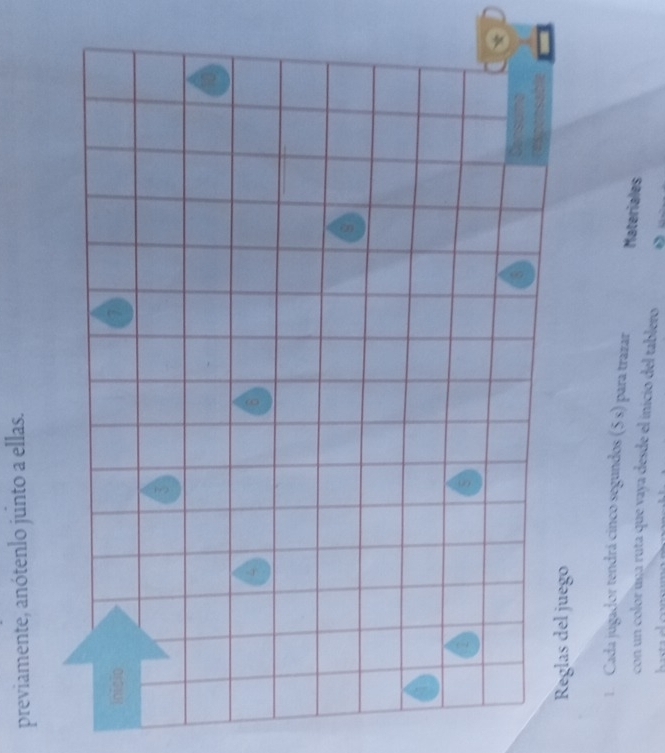 previamente, anótenlo junto a ellas. 
Reglas del juego 
1. Cada jugador tendrá cinco segundos (5s) para trazar Materiales 
con un color usa ruta que vaya desde el inicio del tablero