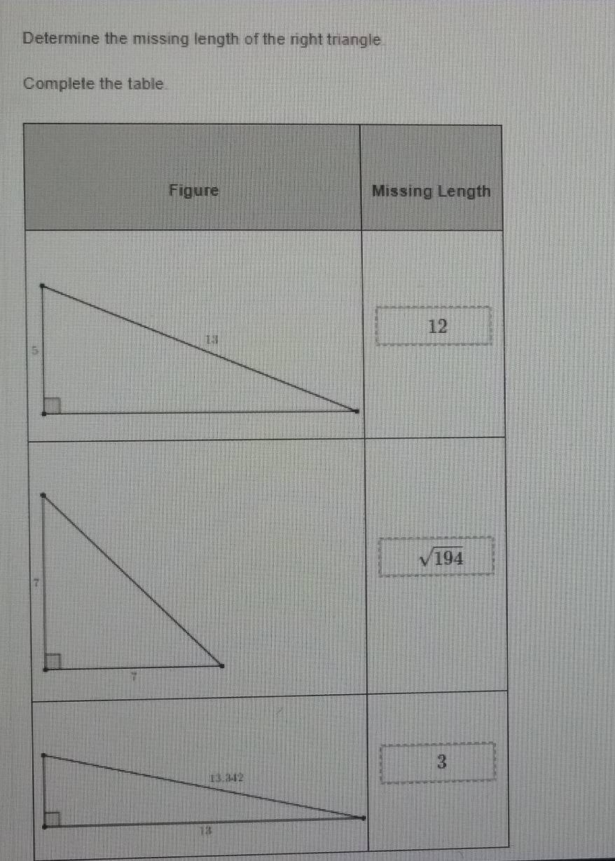 Determine the missing length of the right triangle
Complete the table.