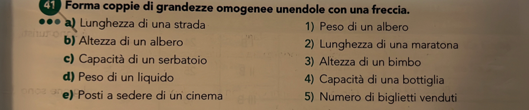 Forma coppie di grandezze omogenee unendole con una freccia. 
a) Lunghezza di una strada 1) Peso di un albero 
b) Altezza di un albero 2) Lunghezza di una maratona 
c) Capacità di un serbatoio 3) Altezza di un bimbo 
d) Peso di un liquido 4) Capacità di una bottiglia 
e) Posti a sedere di un cinema 5) Numero di biglietti venduti