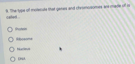 The type of molecule that genes and chromosomes are made of is
called...
Protein
Ribosome
Nucleus
DNA