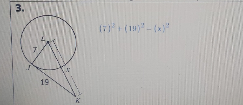 (7)^2+(19)^2=(x)^2
K