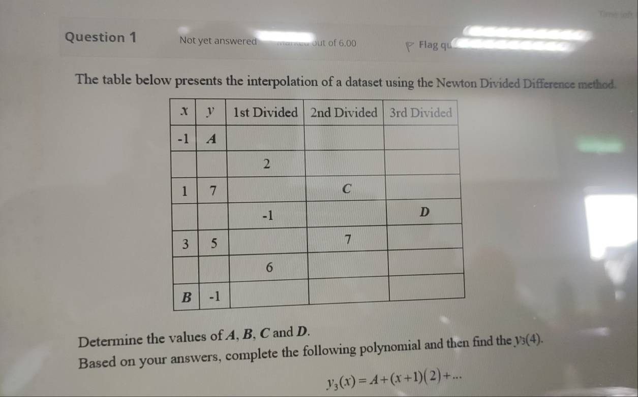 Time loft 
Question 1 Not yet answered Marked out of 6.00 Flag qu 
The table below presents the interpolation of a dataset using the Newton Divided Difference method. 
Determine the values of A, B, C and D. 
Based on your answers, complete the following polynomial and then find the y_3(4).
y_3(x)=A+(x+1)(2)+...