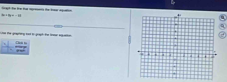 Graph the line that represents the linear equation.
2x+0y=-15
a 
Q 
Use the graphing tool to graph the linear equation. 
C 
- 
Click to 
enlarge 
graph