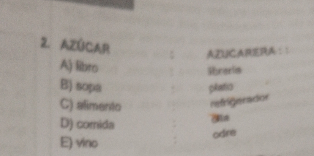 AZÚCAR
AZUCARERA ： ：
A) libro
lbraria
B) sopa platio
C) alimento
refrigerador
D) comida
odre
E) vino