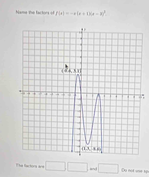 Name the factors of f(x)=-x(x+1)(x-3)^2.
0
The factors are □ ,□ , and □ Do not use sp.