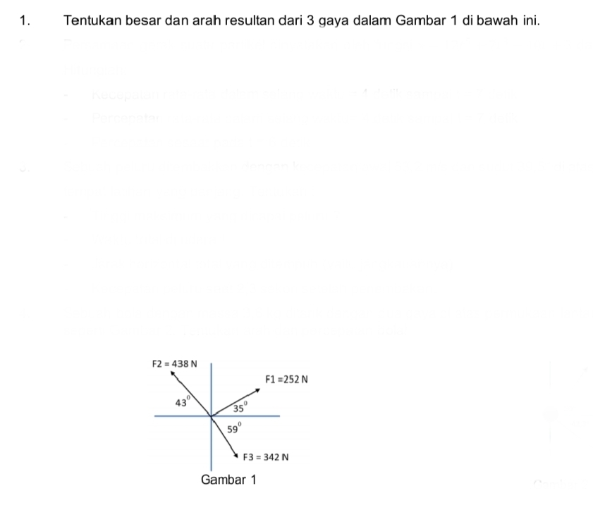 Tentukan besar dan arah resultan dari 3 gaya dalam Gambar 1 di bawah ini.
P