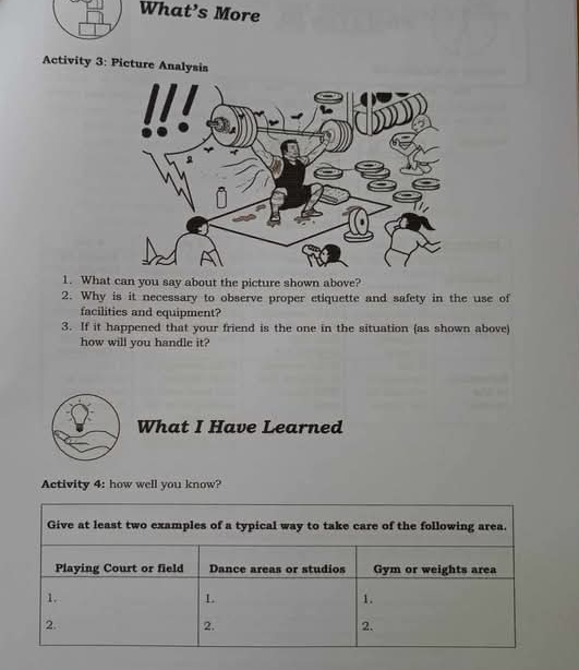 What’s More 
Activity 3: Picture Analysis 
1. What can you say about the picture shown above? 
2. Why is it necessary to observe proper etiquette and safety in the use of 
facilities and equipment? 
3. If it happened that your friend is the one in the situation (as shown above) 
how will you handle it? 
What I Have Learned 
Activity 4: how well you know?
