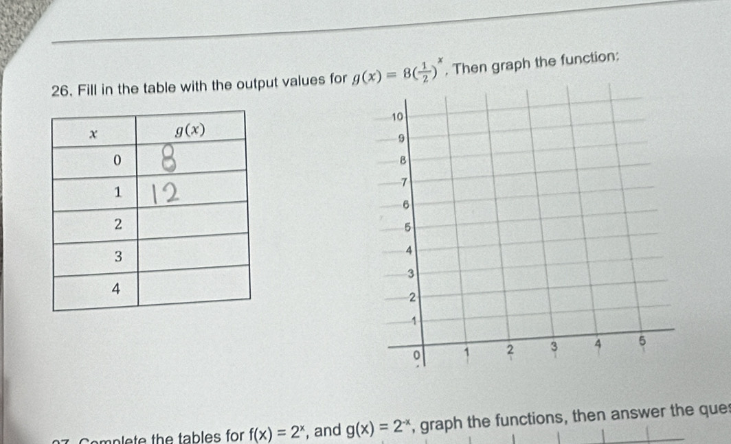 Fill in the table with the output values for g(x)=8( 1/2 )^x. Then graph the function:
Cemplete the tables for f(x)=2^x , and g(x)=2^(-x) , graph the functions, then answer the que