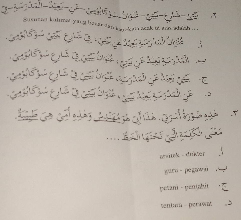 Susunan kalimat yang benar dari k a-kata acak di atas adalah 
X

arsitek - dokter
guru - pegawai
petani - penjahit
tentara - perawat