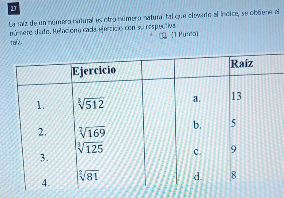 La raíz de un número natural es otro número natural tal que elevarlo al índice, se obtiene el
número dado. Relaciona cada ejercicio con su respectiva
raíz. (1 Punto)