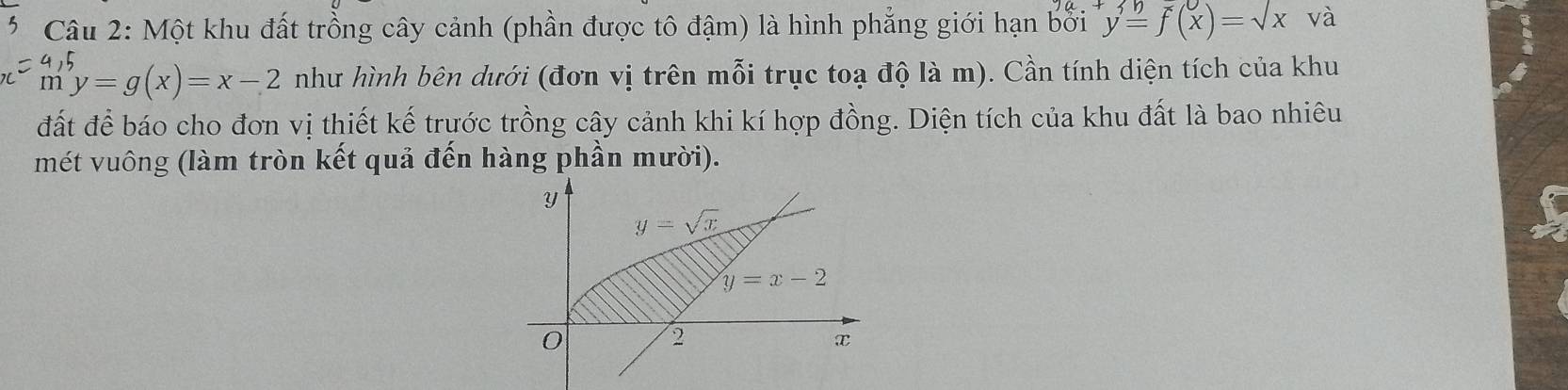 Một khu đất trồng cây cảnh (phần được tô đậm) là hình phẳng giới hạn bởi y=f(x)=sqrt(x) và
-4, y=g(x)=x-2 nhu hình bên dưới (đơn vị trên mỗi trục toạ độ là m). Cần tính diện tích của khu
m
đất để báo cho đơn vị thiết kế trước trồng cây cảnh khi kí hợp đồng. Diện tích của khu đất là bao nhiêu
mét vuông (làm tròn kết quả đến hàng phần mười).