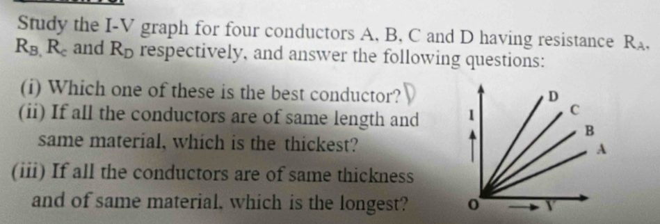 Solved: Study the I-V graph for four conductors A, B, C and D having ...