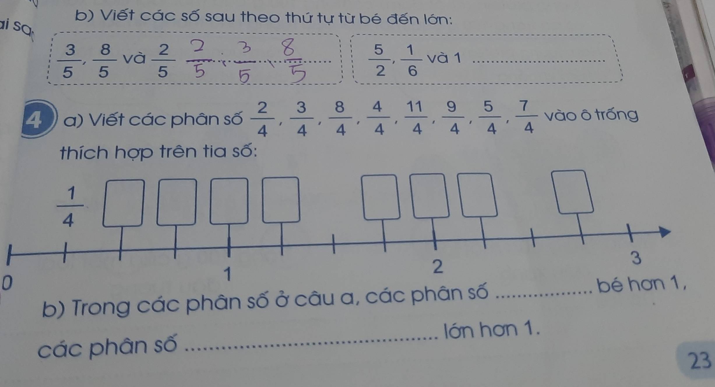 Viết các số sau theo thứ tự từ bé đến lớn:
i  sa
 3/5 , 8/5  và  2/5   5/2 , 1/6  và 1_
_
4) a) Viết các phân số  2/4 , 3/4 , 8/4 , 4/4 , 11/4 , 9/4 , 5/4 , 7/4  vào ô trống
thích hợp trên tia số:
0bé hơn 1,
b) Trong các phân số ở câu a, các phân số
_lớn hơn 1.
các phân số
23