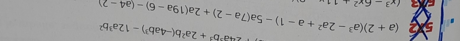 24a^3b^3+2a^2b(-4ab^3)-12a^3b^2
2 (a+2)(a^3-2a^2+a-1)-5a(7a-2)+2a(19a-6)-(a4-2)
(x^3-6x^2+11