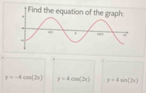 A
y=-4cos (2x) y=4cos (2x) y=4sin (2x)