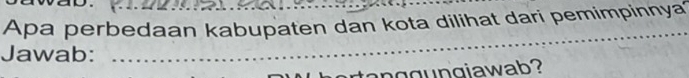 Apa perbedaan kabupaten dan kota dilihat dari pemimpinnya 
Jawab: 
_ 
a n g g ungiawab?