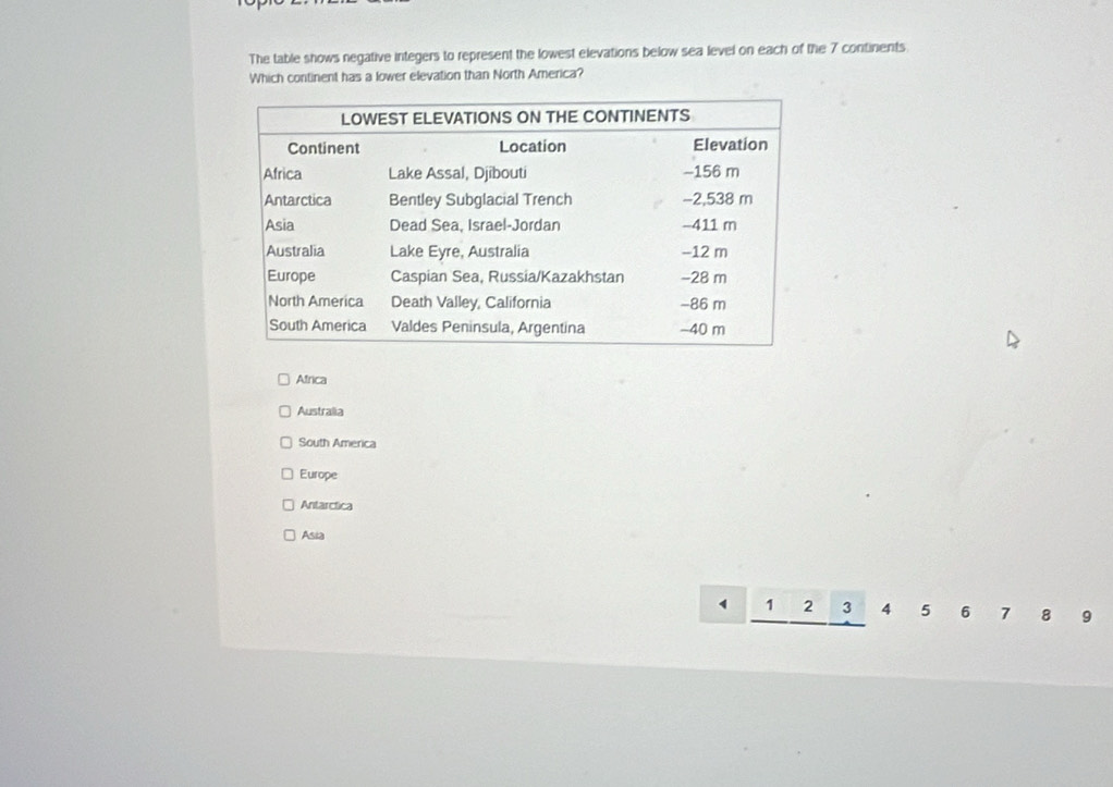 The table shows negative integers to represent the lowest elevations below sea level on each of the 7 continents.
Which continent has a lower elevation than North America?
Africa
Australia
South America
Europe
Antarctica
Asia
1 1 2 3 4 5 6 7 8 9