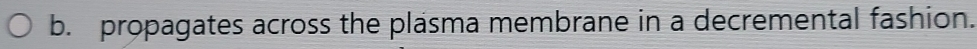 propagates across the plasma membrane in a decremental fashion.