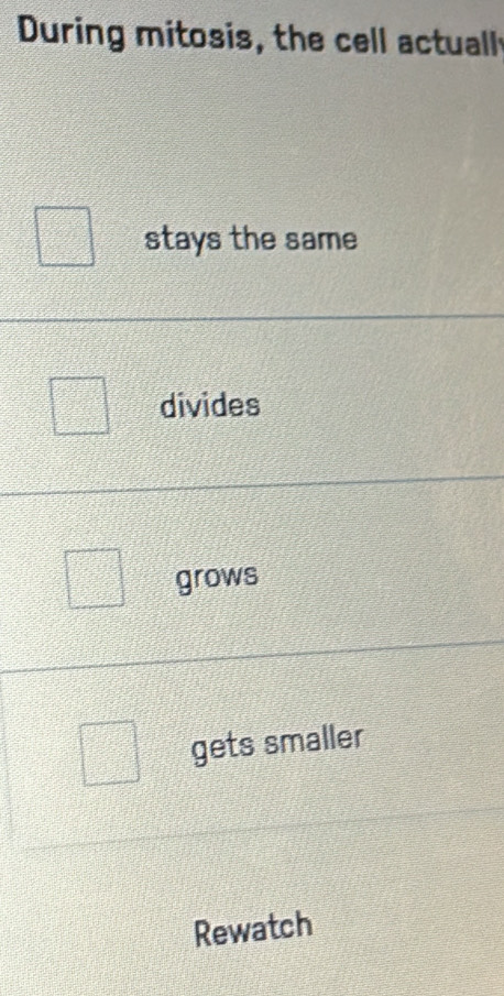 During mitosis, the cell actuall
stays the same
divides
grows
gets smaller
Rewatch