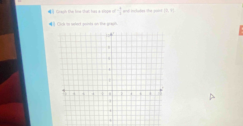 Graph the line that has a slope of - 4/5  and includes the point (0,9). 
Click to select points on the graph.