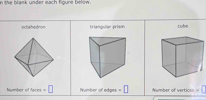 the blank under each figure below. 
octahedron triangular prism cube 
Number of faces =□ Number of edges =□ Number of vertices =□