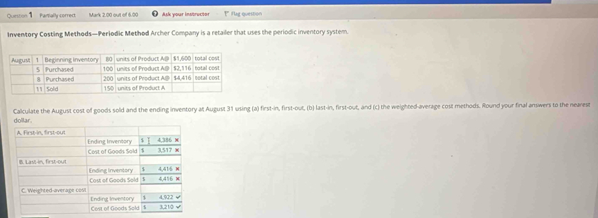 Partially correct Mark 2.00 out of 6.00 Ask your instructor Flag question 
Inventory Costing Methods—Periodic Method Archer Company is a retailer that uses the periodic inventory system. 
Calculate the August cost of goods sold and the ending inventory at August 31 using (a) first-in, first-out, (b) last-in, first-out, and (c) the weighted-average cost methods. Round your final answers to the nearest