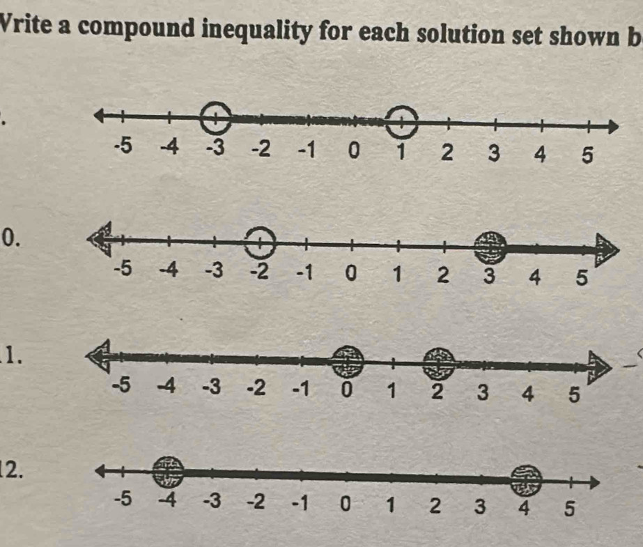 Vrite a compound inequality for each solution set shown b 
0. 
1. 
12.