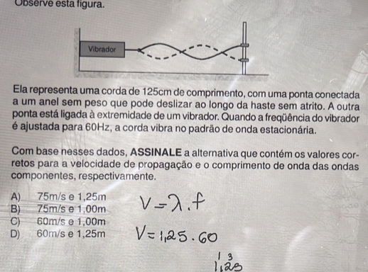 Observe esta figura.
Ela representa uma corda de 125cm de comprimento, com uma ponta conectada
a um anel sem peso que pode deslizar ao longo da haste sem atrito. A outra
ponta está ligada à extremidade de um vibrador. Quando a freqüência do vibrador
é ajustada para 60Hz, a corda vibra no padrão de onda estacionária.
Com base nesses dados, ASSINALE a alternativa que contém os valores cor-
retos para a velocidade de propagação e o comprimento de onda das ondas
componentes, respectivamente.
A)__ 75m/s e 1,25m
B) 75m/s e 1,00m
C) 60m/s e 1,00m
D) 60m/s e 1,25m