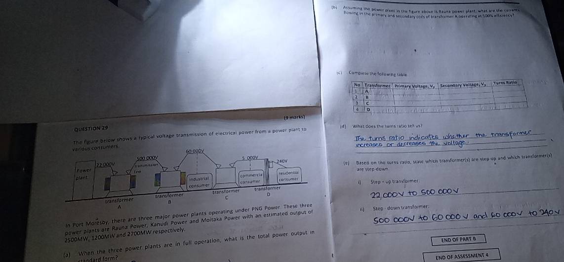 Assuming the power plant in the heure abose is fauna plwes plant, what are the currents 
Hlowing in the primary and secordary cols of transformer A operating at 100% alliercy? 
(c) Compiete the following sable 
QUESTION 29 (9 marks) 
The figure below shows a typical voltage transmission of electrical power from a power plant to (d) What does the turns ratio tell us? 
. 
_ 
(e) Based on the turns ratio, state which transformer(s) are step-up and which transformer(s) 
are step-down 
_ 
1 Step - up transformer 
In Port Moresby, there are three major power plants operating und 
power plants are Rauna Power, Kanudi Power and Moitaka Power with an estimated output of 1) Step - down transformer:
2500MW, 1200MW and 2700MW respectively. 
END OF PART B 
(o) When the three power plants are in full operation, what is the total power output in 
a nard form 
END OF ASSESSMENT 4