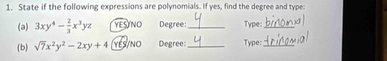 State if the following expressions are polynomials. If yes, find the degree and type:
(a) 3xy^4- 2/3 x^3yz YESYNO Degree: _Type:_
(b) sqrt(7)x^2y^2-2xy+4 YES/NO Degree:_ Type:_