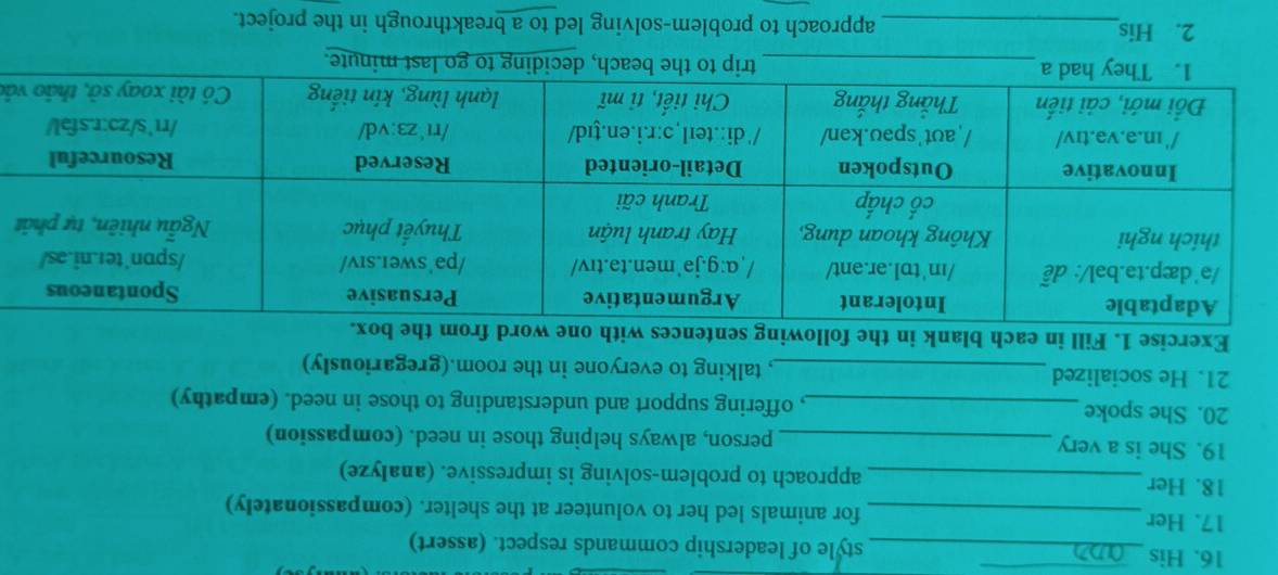 His _style of leadership commands respect. (assert) 
17. Her _for animals led her to volunteer at the shelter. (compassionately) 
18. Her_ approach to problem-solving is impressive. (analyze) 
19. She is a very _person, always helping those in need. (compassion) 
20. She spoke _, offering support and understanding to those in need. (empathy) 
21. He socialized_ , talking to everyone in the room.(gregariously) 
Exercise 1. Fill in each blank in the following sentences with o 
t 
át 
2. His_ approach to problem-solving led to a breakthrough in the project.