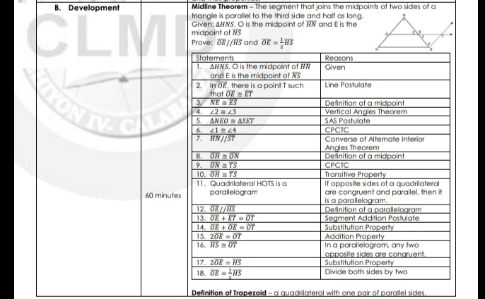 Development  Midline Theorem - The segment that joins the midpoints of two sides of a
triangle is parallel to the third side and half as long.
Given: △ HNS. O is the midpoint of AN and E is the
midpoint of NS 
Prove: overline OEparallel overline HS and overline OE= 1/2 overline HS
60 minute
Definition of Trapezoid - a quadrilateral with one pair of parallel sides,