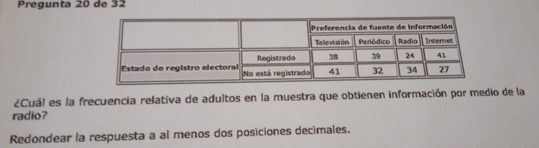 Pregunta 20 de 32 
¿Cuál es la frecuencia relativa de adultos en la muestra que obtienen información por medio de la 
radio? 
Redondear la respuesta a al menos dos posiciones decimales.