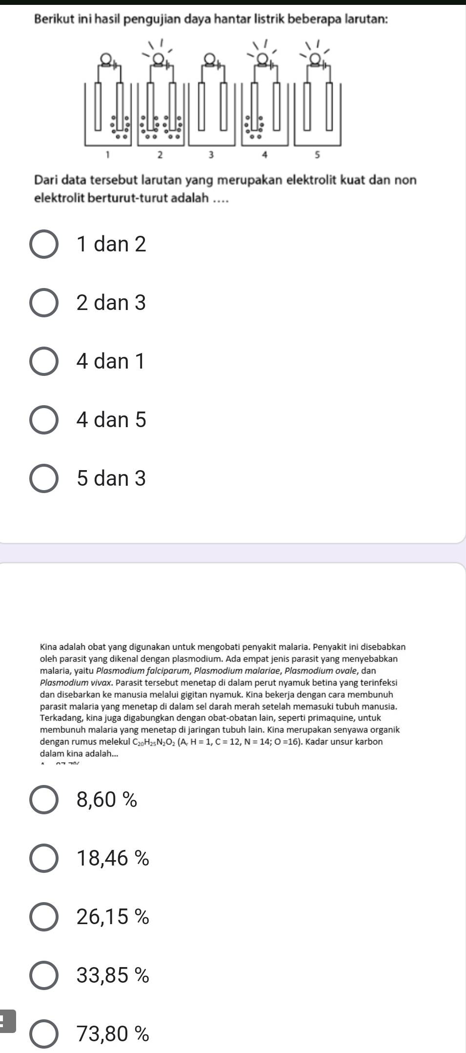 Berikut ini hasil pengujian daya hantar listrik beberapa larutan:
Dari data tersebut larutan yang merupakan elektrolit kuat dan non
elektrolit berturut-turut adalah ….
1 dan 2
2 dan 3
4 dan 1
4 dan 5
5 dan 3
Kina adalah obat yang digunakan untuk mengobati penyakit malaria. Penyakit ini disebabkan
oleh parasit yang dikenal dengan plasmodium. Ada empat jenis parasit yang menyebabkan
malaria, yaitu Plasmodium falciparum, Plasmodium malariae, Plasmodium ovale, dan
Plasmodium vivax. Parasit tersebut menetap di dalam perut nyamuk betina yang terinfeksi
dan disebarkan ke manusia melalui gigitan nyamuk. Kina bekerja dengan cara membunuh
parasit malaria yang menetap di dalam sel darah merah setelah memasuki tubuh manusia.
Terkadang, kina juga digabungkan dengan obat-obatan lain, seperti primaquine, untuk
membunuh malaria yang menetap di jaringan tubuh lain. Kina merupakan senyawa organik
dengan rumus melekul C_20H_25N_2O_2(A_rH=1, C=12, N=14; O=16). Kadar unsur karbon
dalam kina adalah...
8,60 %
18,46 %
26,15 %
33,85 %
73,80 %