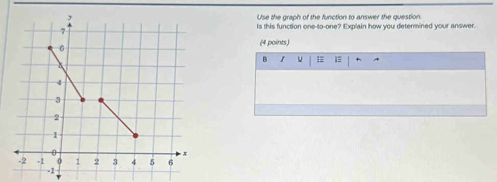 Use the graph of the function to answer the question. 
Is this function one-to-one? Explain how you determined your answer. 
(4 points) 
B I u = 
1