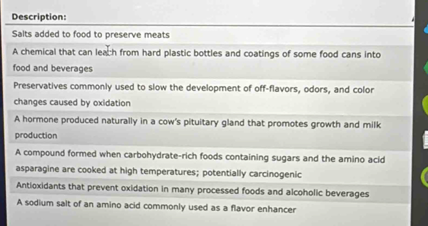 Description:
Salts added to food to preserve meats
A chemical that can leach from hard plastic bottles and coatings of some food cans into
food and beverages
Preservatives commonly used to slow the development of off-flavors, odors, and color
changes caused by oxidation
A hormone produced naturally in a cow’s pituitary gland that promotes growth and milk
production
A compound formed when carbohydrate-rich foods containing sugars and the amino acid
asparagine are cooked at high temperatures; potentially carcinogenic
Antioxidants that prevent oxidation in many processed foods and alcoholic beverages
A sodium salt of an amino acid commonly used as a flavor enhancer