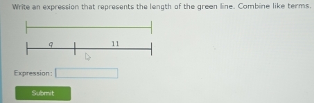 Write an expression that represents the length of the green line, Combine like terms. 
Expression: □ 
Submit